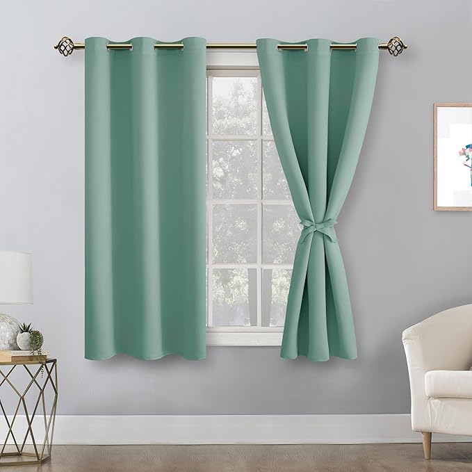 Hiasan Short Blackout Curtains for Bedroom - Thermal Insulated & Light Blocking Window Curtains for Living Room, 2 Drape Panels Sewn with Tiebacks, Sage Green, 42 x 45 Inch - Image 2