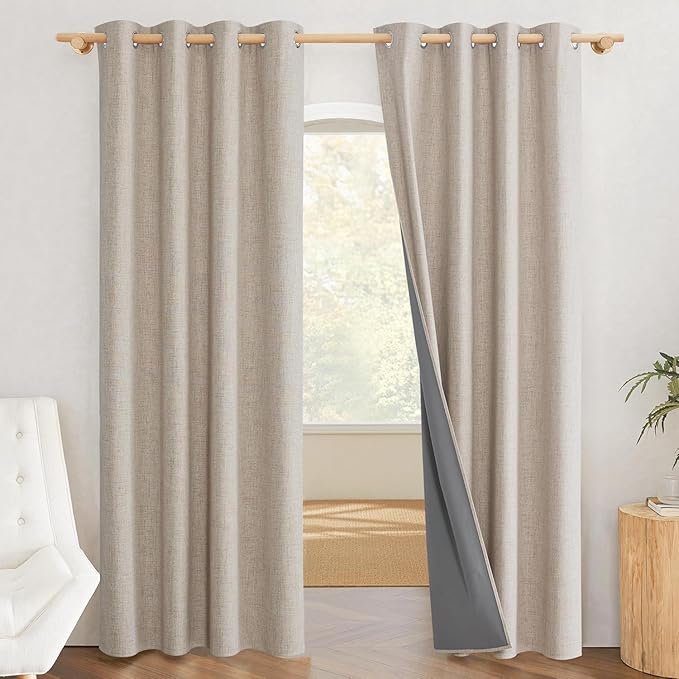 NICETOWN Oatmeal Vintage Open Linen Weave Flax Thermal Curtains, 100% Blackout Curtains 84 inches Long for Dining Room, Soundproof Window Treatment Drapes for Hall Room, 52" Wide Per Panel, Set of 2 by NICETOWN