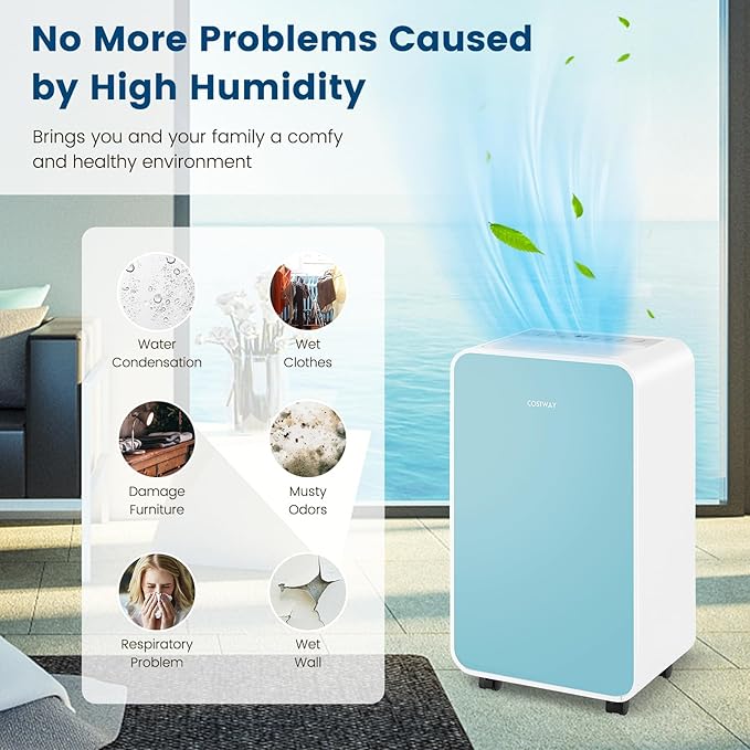 COSTWAY 2500 Sq. Ft Dehumidifier for Basement, 32 Pints Portable Quiet Dehumidifier for Bedroom Bathroom with Sleep Mode, 24H Timer, Auto Shut Off, Auto Defrost & Drain Hose (Navy) - Image 2