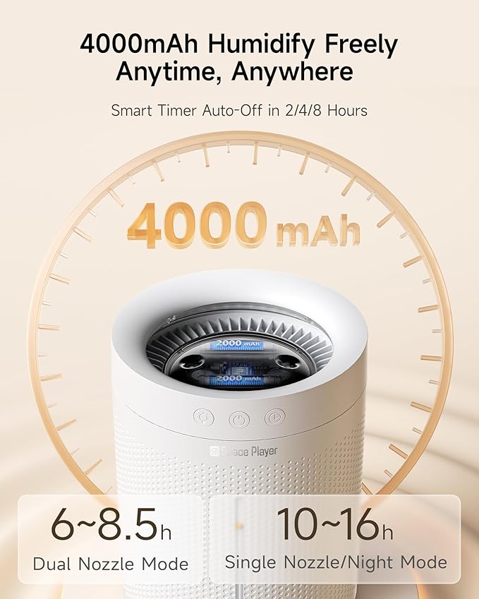 SP SpacePlayer Wireless Humidifier for Bedroom Large Room, 3L Top Fill Cool Mist Ultrasonic, 4000mAh Rechargeable (Cordless), 4 Modes, 23-28dB Quiet, 8H Timer Auto-Off, BPA-Free, Easy Fill Clean - Image 9