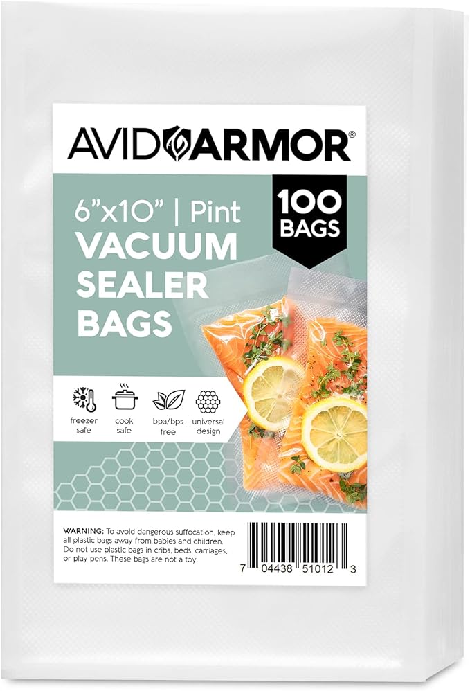 Avid Armor Vacuum Sealer Bags Pint Size, Vac Seal Bags for Food Storage, Meal Saver Freezer Vacuum Sealer Bags, Sous Vide Bags Vacuum Sealer, Non-BPA, 6 x 10 inches, Pack of 100 by AvidArmor