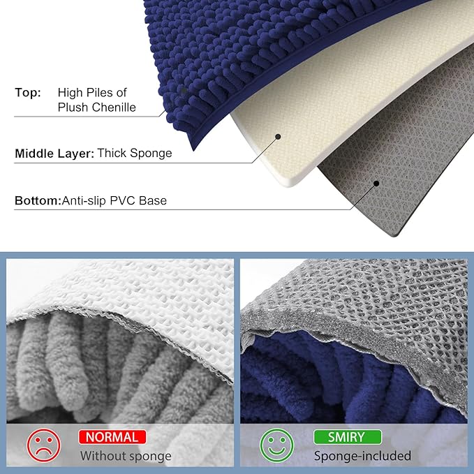 Smiry Luxury Chenille Bathroom Rugs 30x20, Extra Soft and Absorbent Shaggy Bath Mat, Machine Washable, Non-Slip Plush Carpet Runner for Tub, Shower, and Floor, Home Decor Accessories, Deep Blue - Image 5