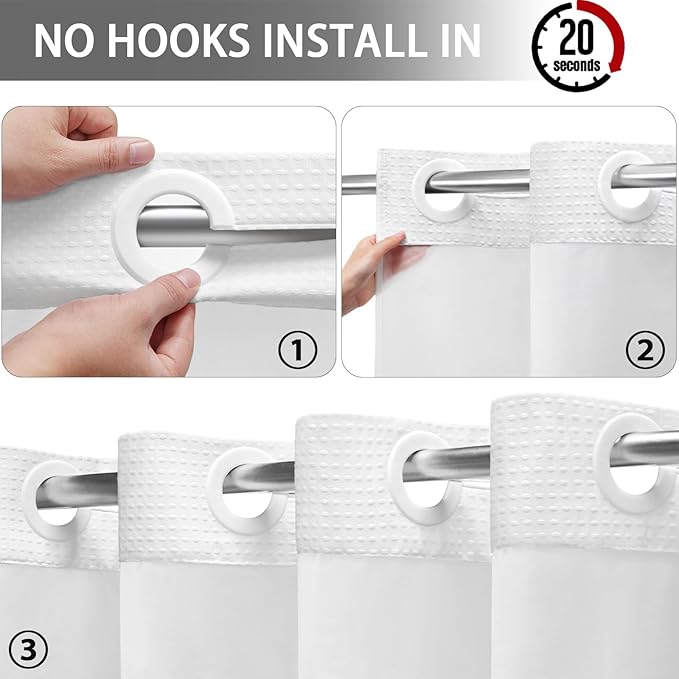No Hook Shower Curtain with Fabric Liner White Hotel Waffle 75" L x 72" W,PEVA Frosted Window - Image 3