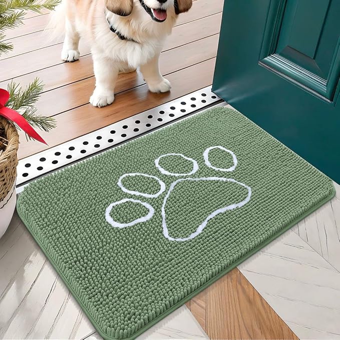 OLANLY Dog Door Mat for Muddy Paws 24x16, Paw Print Design, Absorbs Moisture and Dirt, Non-Slip Washable Doormat, Quick Dry Chenille Mud Mat, Entry Indoor Entryway Carpet, Olive Green and White by OLANLY