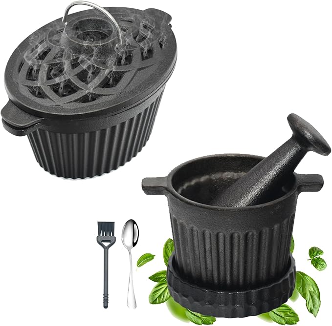 Wood Stove Steamer & Cast Iron Mortar Pestle Set Bundle - 2-in-1 Dual-Layer Humidifier with 3-Piece Grinder Kit for Steaming, Spices, Guacamole, Eco Home & Kitchen by Unknown