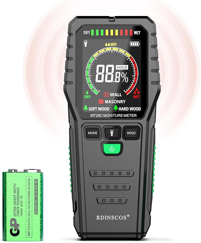 Pinless Moisture Meters Non-Invasive Digital Wood Moisture Tester Water Leak Detector for Wall,Lumber, building,Firewood,Humidity Tester (Black_Case) by RDINSCOS