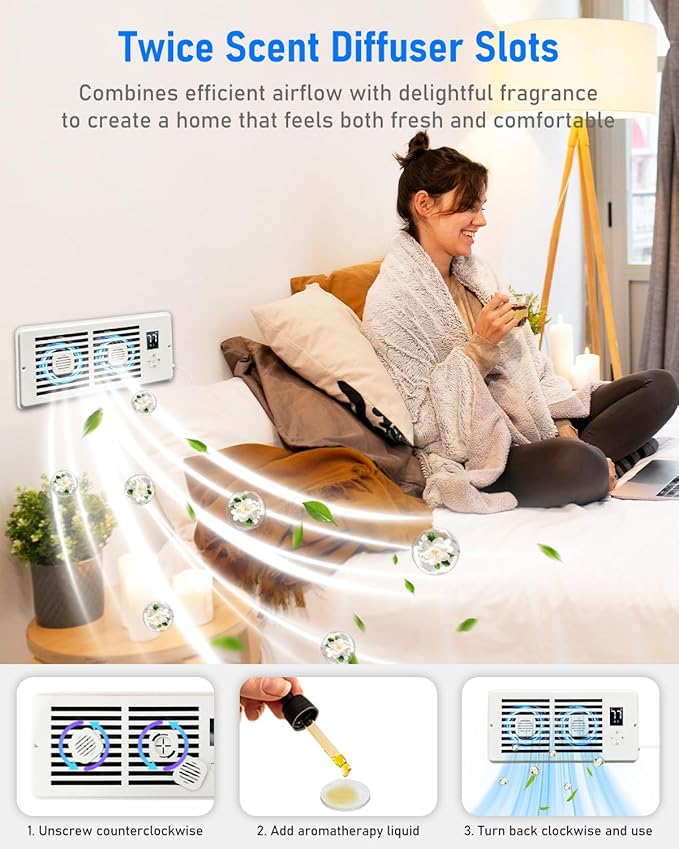 Smart Register Booster Fan for 4" x 10" Vents, Quiet 10-Speed AC Heating Cooling Vent Fan with 2 Scent Diffuser Slots & Remote, 3 Modes, LCD Screen, Thermostat Control, Ideal for Home, Bedroom (White) - Image 3