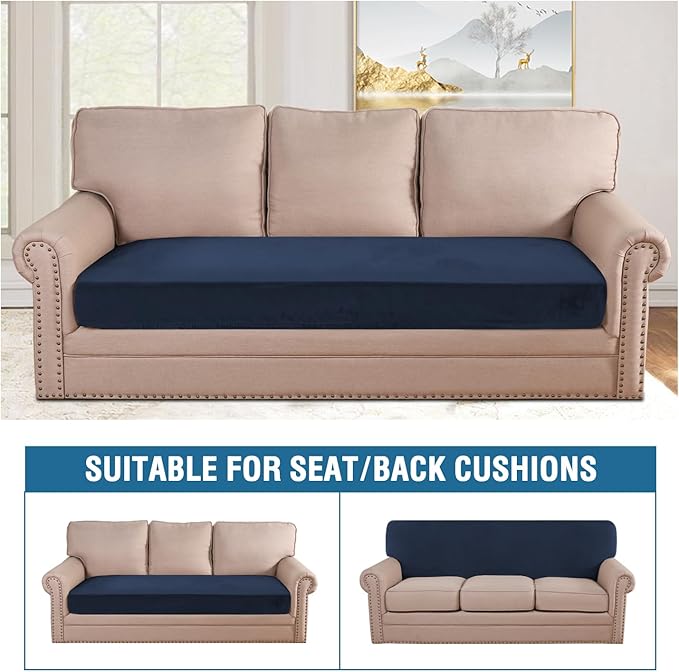 H.VERSAILTEX Velvet Stretch Individual Couch Cushion Cover Plush Cushion Slipcover for Loveseat Sofa Cushion Furniture Protector Seat Cushion Sofa Cover (1 Piece Sofa Cushion Cover, Navy) - Image 3