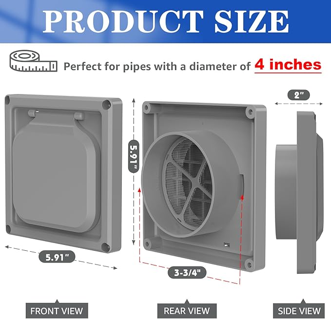 Dryer Vent Cover Outside 4 inch, Magnetic Door Design, Durable Airflow Vent with Lint Trap Screen, Thickened Material, 6 inch x 6 inch Size, Grey - Image 2