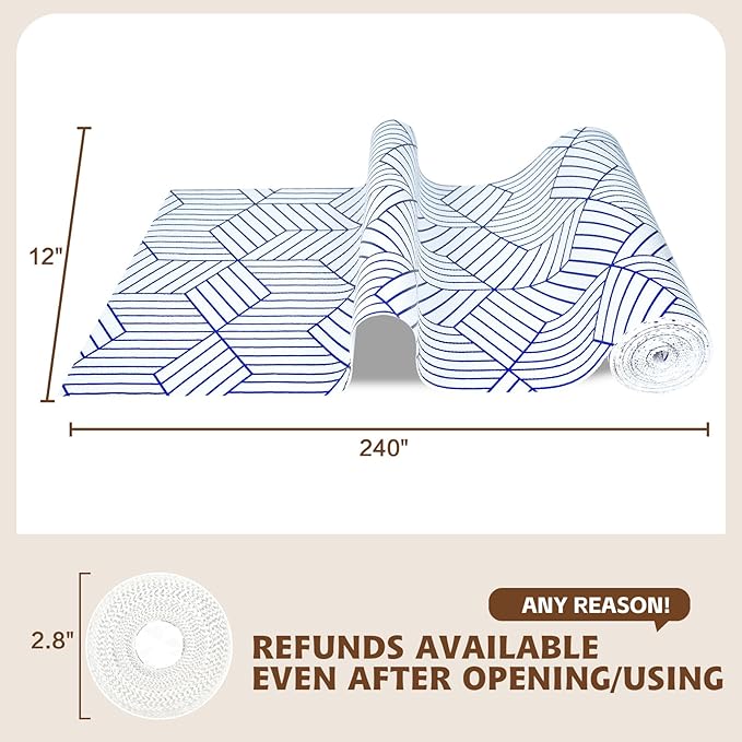 Shelf Liners for Kitchen Cabinets 17.3in x 20FT, Non Adhesive Cabinet Liner Strong Non-Slip White and Blue Geometric Drawer Liner, Easy to Clean for Shelf, Cabinet with Knife and Tape Measure - Image 3