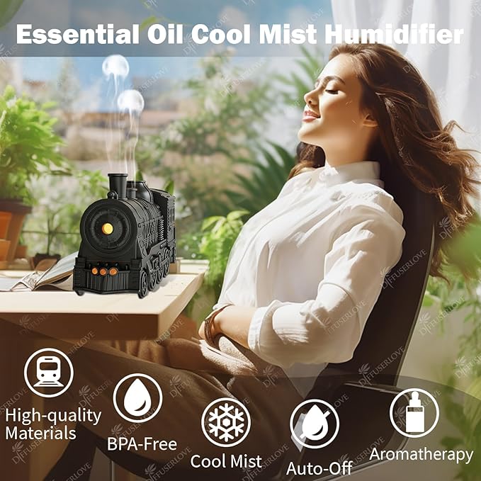 Diffuserlove Train Diffuser 300ML Essential Oil Diffuser Cool Mist Humidifier Aroma Diffuser with Night Light for Bedroom Desk Black - Image 5