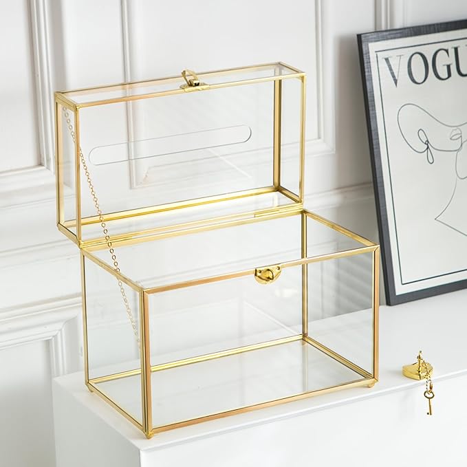 Glass Wedding Card Box with Slot, 10.2 inch Clear Card Box Gold Brass Gift Card Storage Box with Lock Perfect for Wedding Receptions, Baby Shower, Birthday Party, Bridal Shower - Image 7