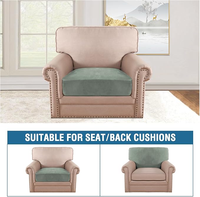 H.VERSAILTEX Velvet Stretch Couch Cushion Cover Plush Cushion Slipcover for Chair Cushion Furniture Protector Seat Cushion Sofa Cover (1 Piece Armchair Cushion Covers, Sea Grass) - Image 3
