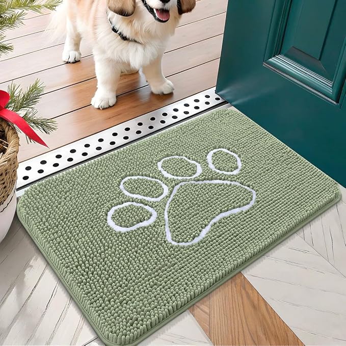 OLANLY Dog Door Mat for Muddy Paws 24x16, Paw Print Design, Absorbs Moisture and Dirt, Non-Slip Washable Doormat, Quick Dry Chenille Mud Mat for Dogs, Entry Indoor Entryway Carpet, Sage Green by OLANLY