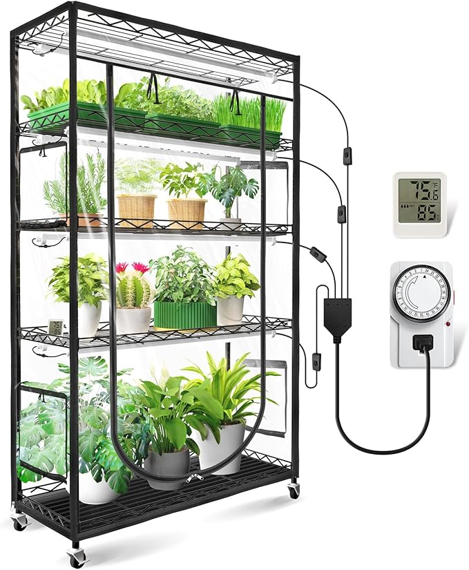 JESLED Indoor Greenhouse with Grow Light, 3FT Full Spectrum 5000K LED Light for Seed Starting, Tiered Lighting Control, Built-in Timer & Thermo-Hygrometer, Rolling Metal Plant Stand (35.4x13.8x70IN) by JESLED