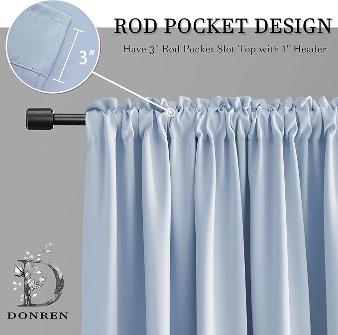 DONREN 48 Inch Curtains Light Blue Blackout Curtains - All Season Thermal Insulated Rod Pocket Curtain Panels for Kids Room (2 Panels,52 W by 48 inches Long) - Image 3