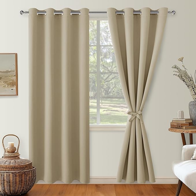Hiasan Blackout Curtains for Bedroom, 52 x 96 Inches Long - Thermal Insulated & Light Blocking Window Curtains for Living Room, 2 Drape Panels Sewn with Tiebacks, Taupe - Image 2