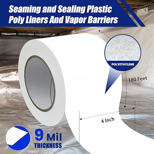 2 Roll, White Vapor Barrier Tape, 4" Wide x 180' Long, PE 9 mm Polyethylene Tape, for Stucco Waterproof Moisture Barriers Seal and Seam, for Crawlspaces, Insulation Repairs & Plastic Liners - Image 2