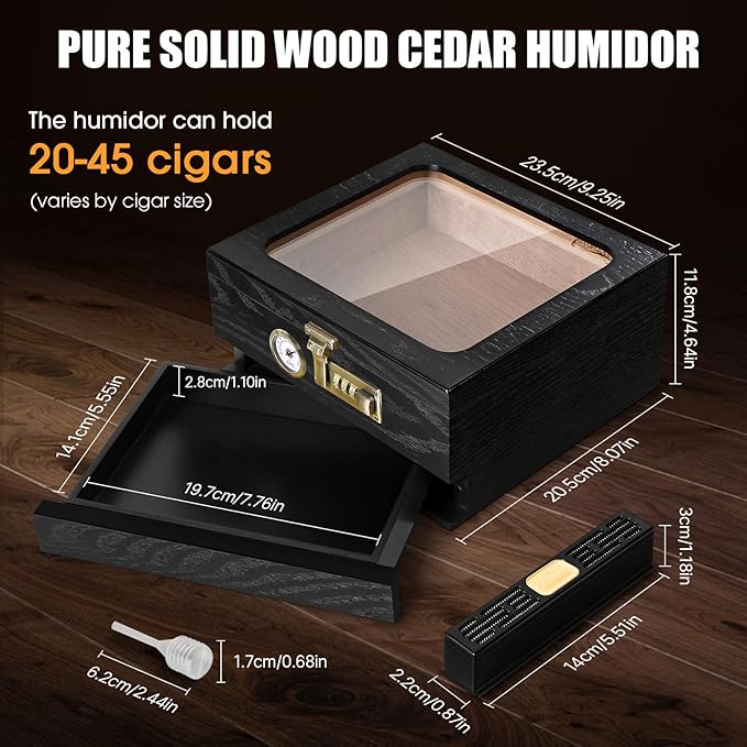 Cigar Humidor, Cedar Wood Humidor Cigar Box, Glass Top Desktop Humidor with Front Hygrometer, Humidifier, Divider, Accessories Drawer and Combination Lock, Cigar Gifts for Men (Black) - Image 4