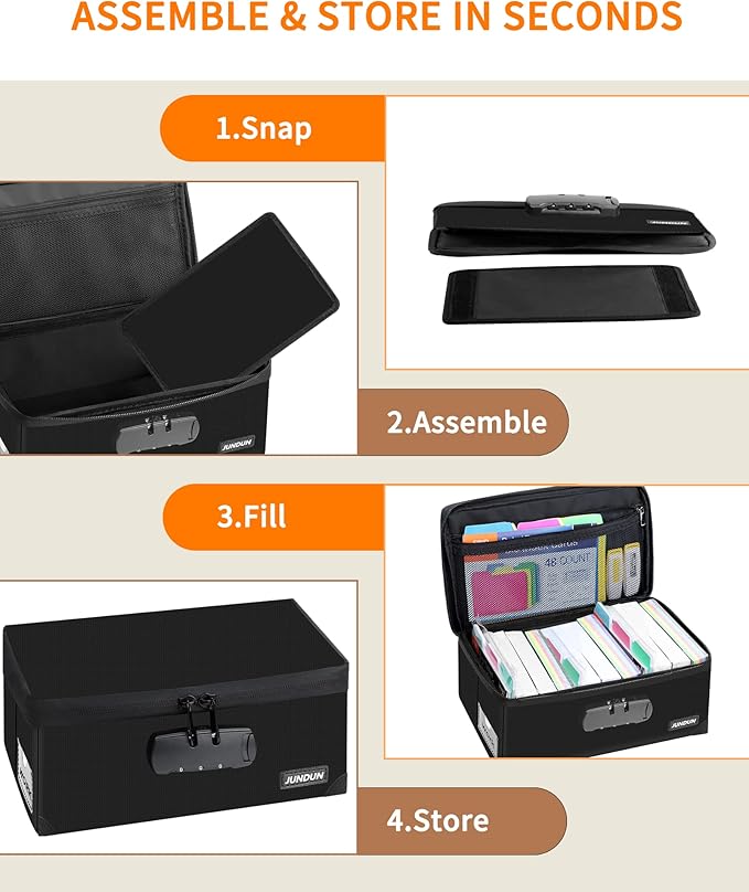 JUNDUN Fireproof Index Card Holder with Lock, Collapsible, Black, 4x6 Inch - Image 5