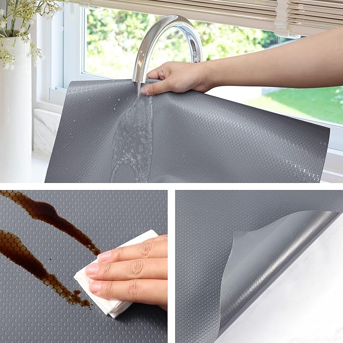 Shelf Liners for Kitchen Cabinets Refrigerator Liners Waterproof & Oil-Proof Kitchen Cupboard Liner Non-Slip Drawer Mats Non Adhesive Fridge Liner for Shelves - Gray 17.5 x 236.2 Inches - Image 4