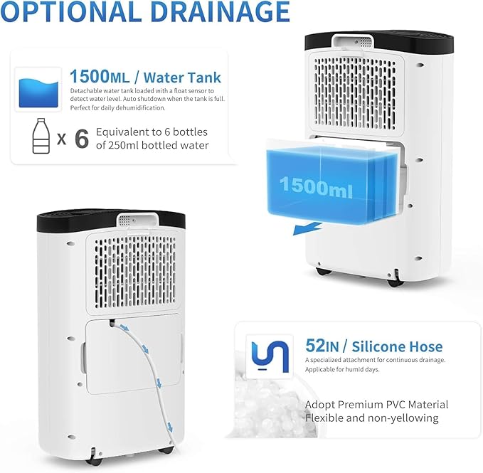 AIRPLUS 1,500 Sq. Ft Dehumidifier for Basement, 30 Pints Powerful Dehumidifier for Home, Large Rooms, Bedrooms, Sufficient Capacity Water Tank with Drain Hose (AP1907) - Image 6