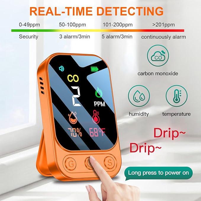 Travel Carbon Monoxide Detectors [3-in-1] Mini Size Portable CO Detector with Kickstand & Lanyard 85 dB Alarm [CO Temp Humidity Sensor] for Indoor Outdoor Camping Travel RV Hotel (New Orange) - Image 4