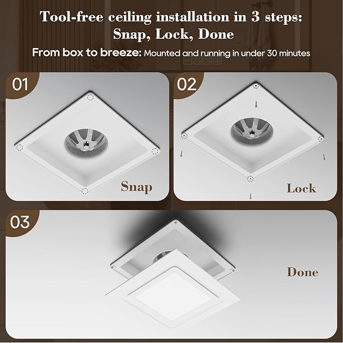12" Ultra Quiet Bathroom Exhaust Fan with Dimmable LED Light, 1.0 Sone 120 CFM, 10x10 Mount, 1500 LM Ceiling Ventilation Fan, Energy Efficient - Image 6