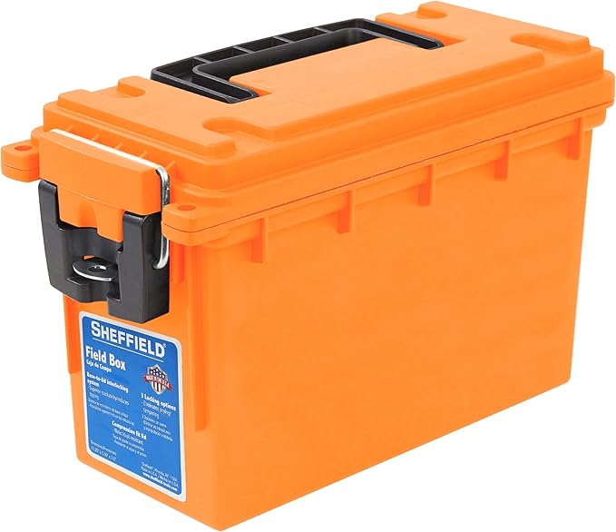 Sheffield 12630 Ammo Storage Box, Stackable .30 Cal Field Boxes, Water and Dust Resistant, Lockable Storage Box with Handle, Secures Hunting Gear, Supplies, and Bullets, Made in USA, Orange, 1-Pack by Sheffield