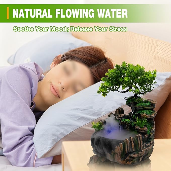 Tabletop Water Fountain with LED Lights – Resin Desktop Fountain for Home Office – Mist Humidifier, Relaxing Sound, Color-Changing – Decorative Indoor Garden Feature - Image 3