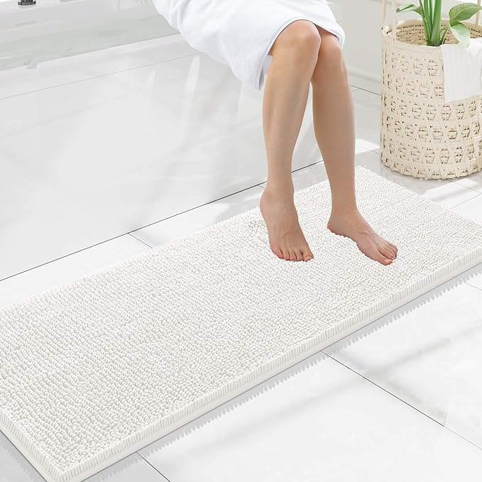 Smiry Luxury Chenille Bathroom Rugs 47x17, Extra Soft and Absorbent Shaggy Bath Mat, Machine Washable, Non-Slip Plush Carpet Runner for Tub, Shower, and Floor, Home Decor Accessories, Ivory by Smiry