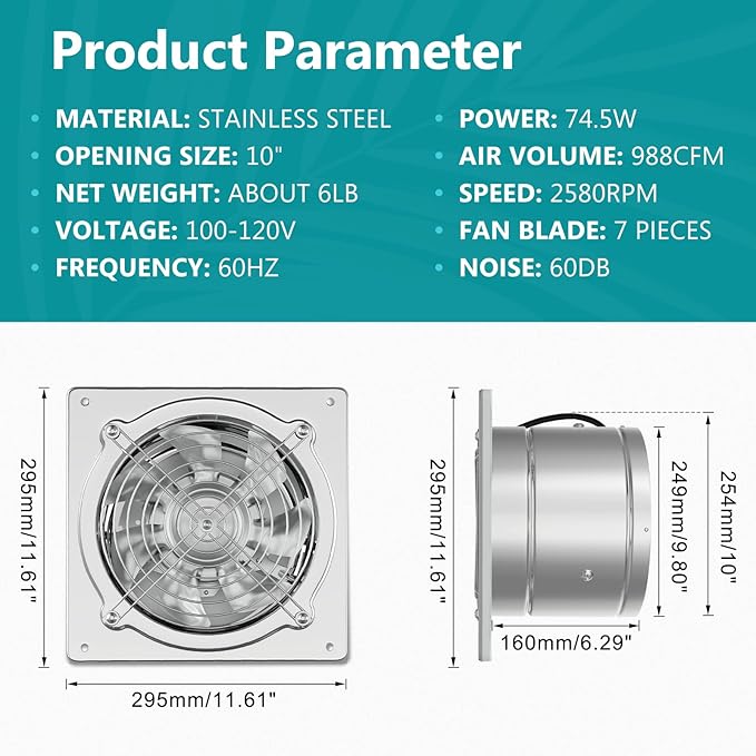 HG Power 10 Inch Metal Exhaust Fan with Switch, 988 CFM Powerful Garage Exhaust Fan with Damper, Potable Wall Mount Fan Fume Extractor Ventilation Fan for Shop, Shed, Basement, Chicken Coop, Silver - Image 2
