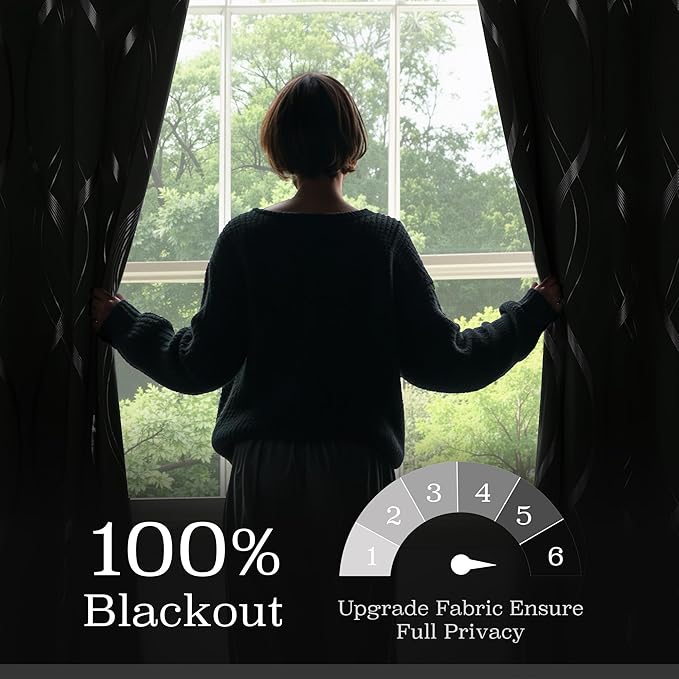 NICETOWN 100% Blackout Greyish Green Blackout Curtain Panels for Bedroom 72 inch Long, Thermal Insulated Wave Line Foil Print Design Drapes for Patio Sliding Glass Door, 52" x 72", 2 Panels - Image 2