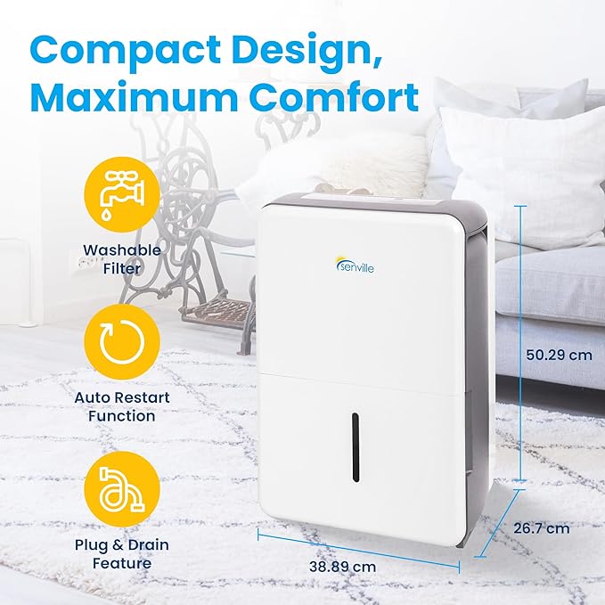Senville 20 Pint Dehumidifier, Energy Star Certified, Washable Filter, Ideal for Basements, Bedroom, Living Space, Energy Star, Washable Filter, Up to 1,500 Sq. Ft., White - Image 5