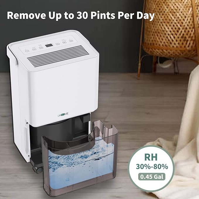 Uhome 30 Pint Dehumidifier - for Basement with Activated Carbon Filter,Ultra Quiet, Humidity Sensor, Auto Shut Off, Continuous Drainage Hose - Ideal Dehumidifiers for Home, 1500 Sq Ft Dehumidifiers - Image 2