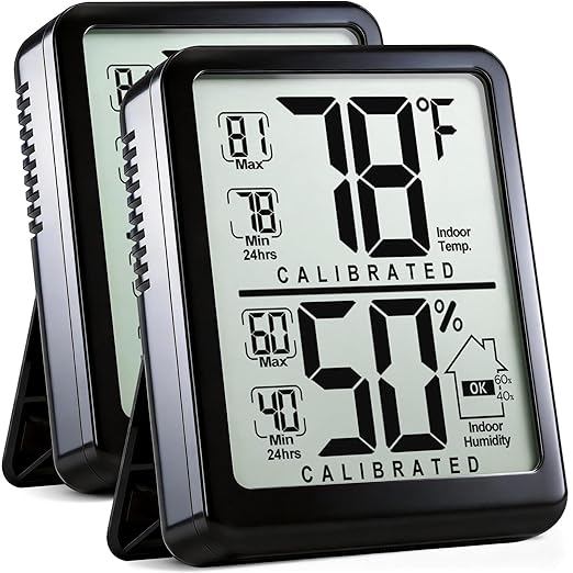 Antonki 2-Pack Room Thermometer, Digital Small Hygrometer Indoor Thermometer Humidity Gauge, Temperature Humidity Meter with Max/Min Record Monitor Sensor for Home, Plants - Battery Included by Antonki