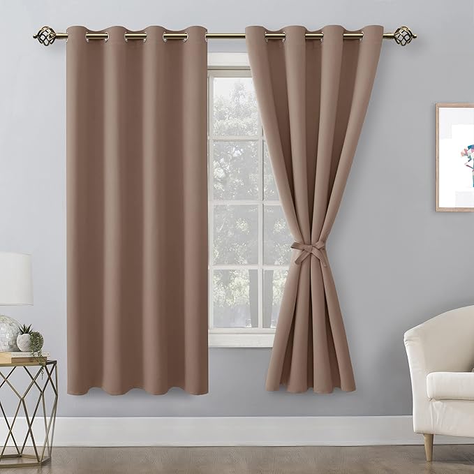 Hiasan Blackout Curtains for Bedroom, 52 x 63 Inches Length - Thermal Insulated & Light Blocking Window Curtains for Living Room, 2 Drape Panels Sewn with Tiebacks, Cappuccino - Image 2
