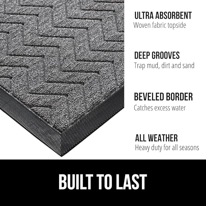 GORILLA GRIP 100% Waterproof All-Season WeatherMax Doormat, 60x24, US Designed Natural Rubber, Stain and Fade Resistant, Low Profile Indoor Outdoor Door Mats, Easy Clean Patio Mat, Steel Chevron - Image 3