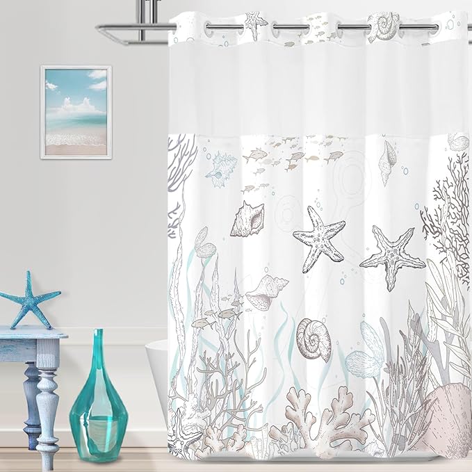 Extra Long No Hook Shower Curtain with Snap in Liner, Beach Ocean Nautical Coastal Shower Curtains and Liner Set for Bathroom, Seashell Fabric Bath Curtain, Waterproof Washable, Brown 71"x84" by TWLSNCD