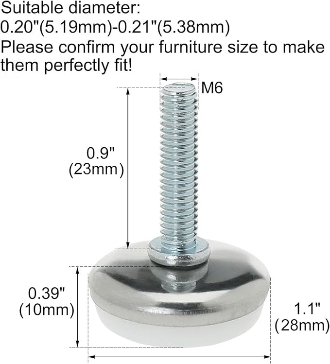 uxcell M6 x 23 x 28mm Screw on Furniture Glide Leveling Feet Adjustable Leveler Pad for Chair Industrial Machine Desk Leg 8pcs - Image 2