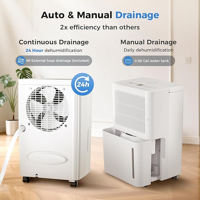 2,500 Sq Ft Portable Home Dehumidifier with Drain Hose, 74 OZ Water Tank, 24 Hr Timer, 3 Modes High Efficiency Compressor for Basement, Bedrooms, Bathrooms and Laundry Rooms - Image 8