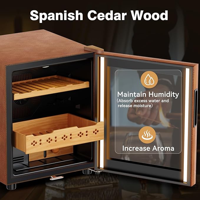 Electric Cooler Cabinet 50L with Temperature and Humidity Control, Leather Finish, Spanish Cedar Wood Shelves and Safety Lock (400 Counts Capacity), Gift for Men - Image 6