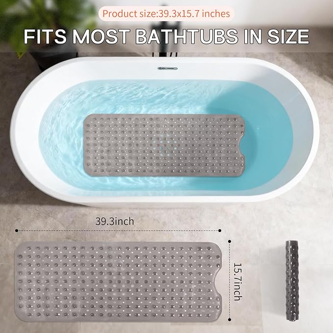 Anti-Slip Bathtub Shower mat, 39.3×15.7 inch（Approximately 100 × 40cm） Soft Oversized Machine Washable Non-Slip Bathtub mat with Drainage Holes, Bathroom Floor Suction Cup.（1-Clear Gray） - Image 3