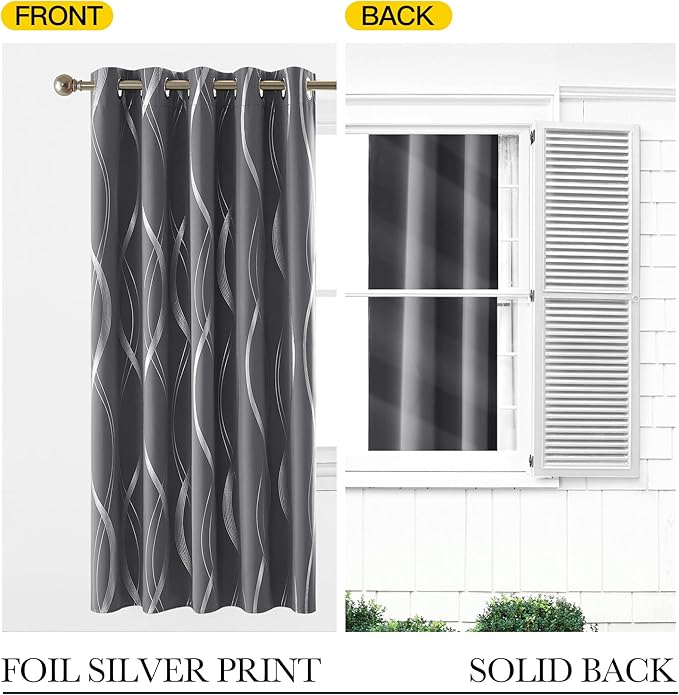 NICETOWN Grey Blackout Short Curtain for Apartments, W66 x L84, Noise Reducing Thermal Insulated Wave Line Foil Print Design Drapes for Living Room, 2 Panels - Image 5