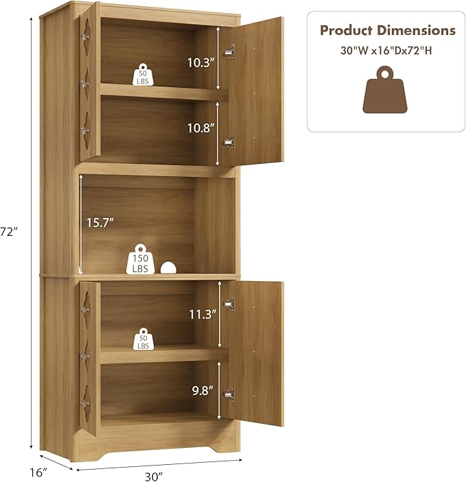 Garvee 72" Tall Pantry Cabinet, Kitchen Hutch Storage Cabinet with Countertop for Microwave, Freestanding Wooden Cupboard with Carved Door & Crystal Handle, for Dining Room, Living Room, Light Oak - Image 6
