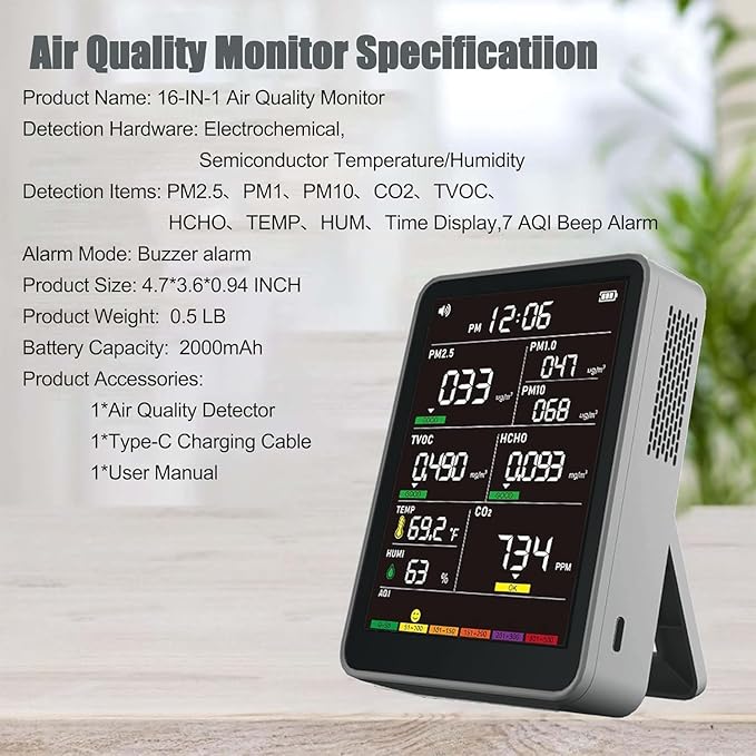 Professional Indoor Air Quality Monitor with AQI, Portable Real-Time Detector for Home Cars Plants and Pets (Smog Gray) - Image 8