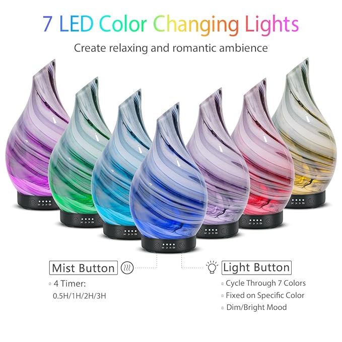 Oil Diffuser & Essential Oils Set - Aromatherapy Diffuser with 6 Essential Oils Set, Ultrasonic Cool Mist Oil Diffusers for Essential Oils, 4 Timer & 7 LED Light, with Auto Shut-Off Protection Gifts - Image 3