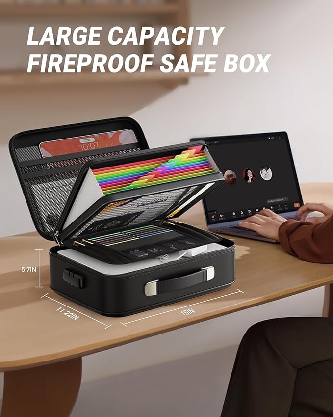 Oterri Fireproof Document Box,Hard Case Safe box with Lock,Upgraded 8 Layers Large File Organizer,Water Resistant Safe for Important Documents, Certificates, Laptop, Passports - File Box in Black - Image 5