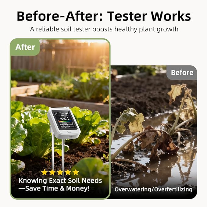 6-in-1 Soil Moisture Meter - 2026 Digital Soil Tester Kit with pH, Nutrient, Sunlight, Temperature & Humidity | Multi-Function Tester for Garden,Lawn and Indoor Plants | Factory-Permanent Calibration - Image 4