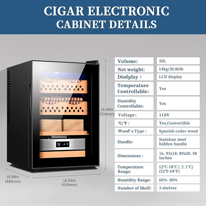 Electronic 50L Cigar Cooler Humidor,Built-in Humidification System with Digital Hygrometer Cedar Wood Shelves Temperature Humidity Controllable for 150 Cigars Moisturizing Humidor(Black) - Image 3
